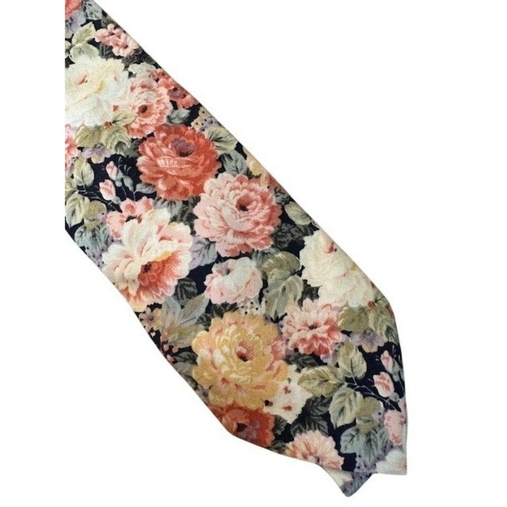 Tango by Max Raab Vintage Floral Cotton Necktie Pink Peach Rose Navy Made in USA